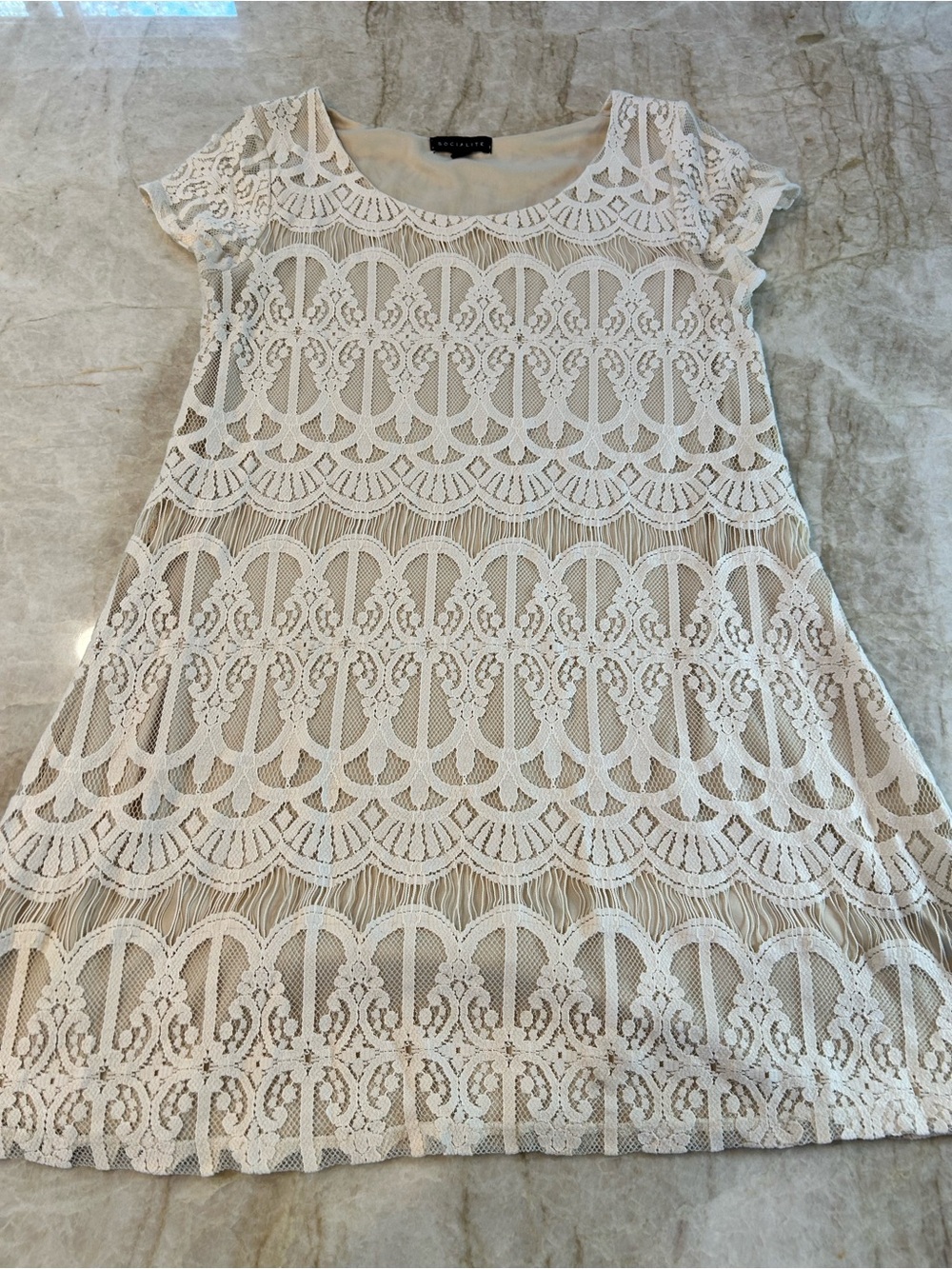Socialite Ivory Lace Mini Dress Cream Lined Short Sleeve Boho Size Small